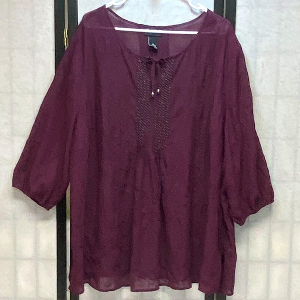 Maggie Barnes Grape 2XL Tied V Neck Embroidered Pintuck Blouse Tunic ¾ Sleeve